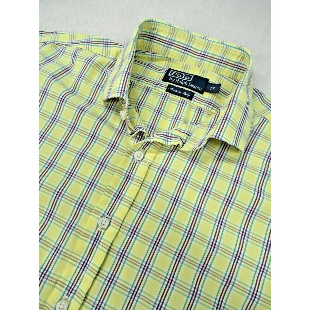 Ralph Lauren Mens Size 17 Button Down Shirt Plaid Yellow Made in Italy 41381